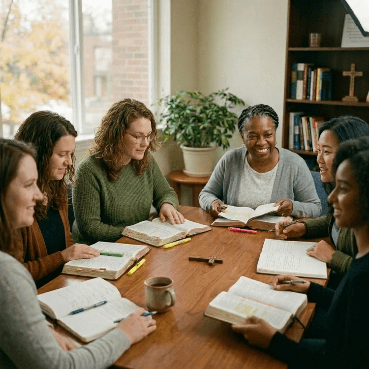 Six women sitting around a wooden table with open Bibles, notebooks, and coffee mugs, discussing and taking notes